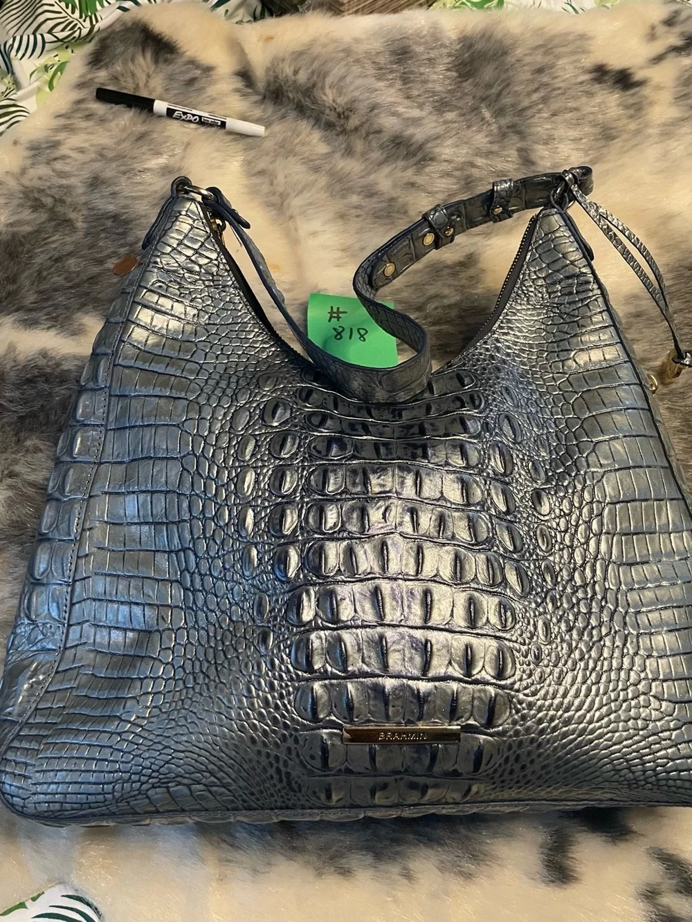 Brahmin Blue Gray Croc Embossed Leather Shoulder Bag